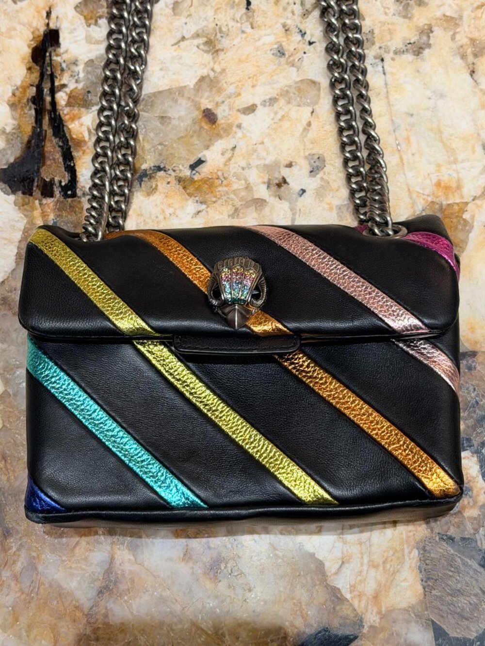 Kurt Geiger London Kensington Black Leather Rainbow Stripe Crossbody Bag